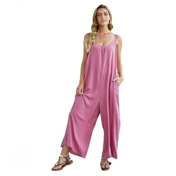 Amazon Women's Dusty Pink Poly/Spandex Jersey Knit Adj Straps Overalls Jumpsuit - Picture 1 of 13